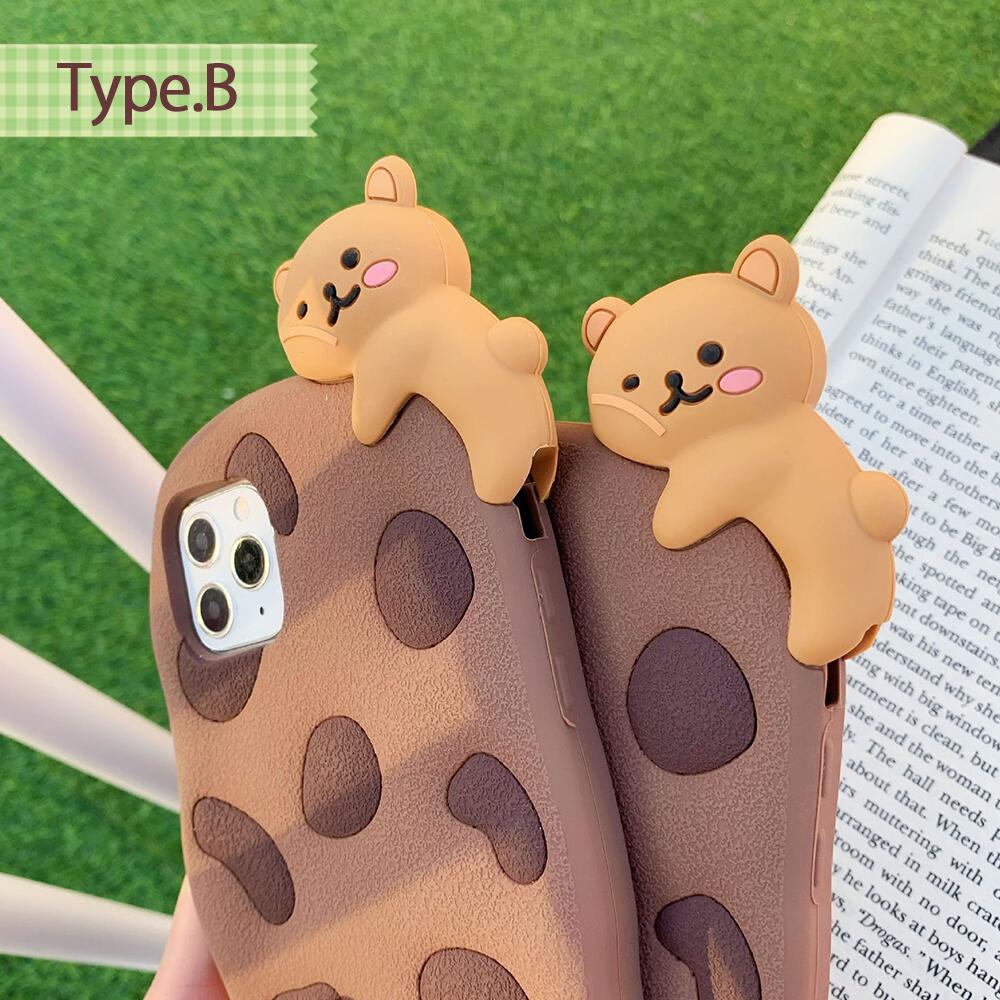 \送料無料/【iPhone シリコンケース クッキーベア】14 Pro Plus max 13 12 11 SE スマホケース カバー 軽量 耐衝撃 背面保護 テディベア クマ かわいい シリコン ソフト 立体的 個性的 原宿 Y2K 首掛けストラップ付