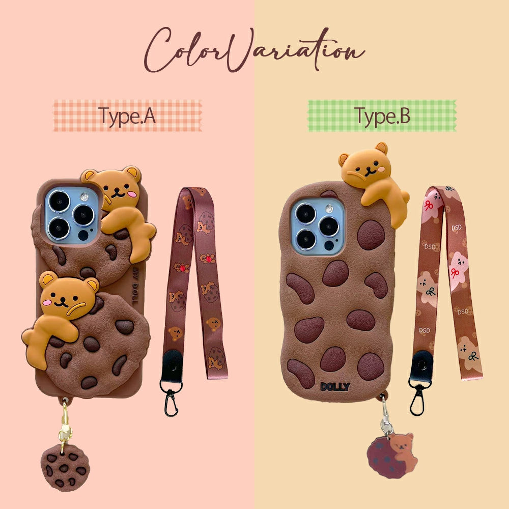 \送料無料/【iPhone シリコンケース クッキーベア】14 Pro Plus max 13 12 11 SE スマホケース カバー 軽量 耐衝撃 背面保護 テディベア クマ かわいい シリコン ソフト 立体的 個性的 原宿 Y2K 首掛けストラップ付