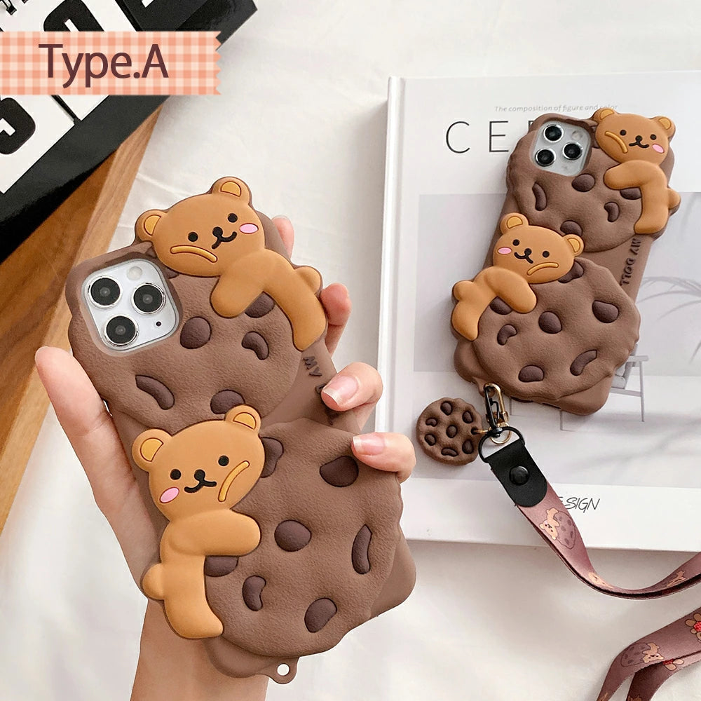 \送料無料/【iPhone シリコンケース クッキーベア】14 Pro Plus max 13 12 11 SE スマホケース カバー 軽量 耐衝撃 背面保護 テディベア クマ かわいい シリコン ソフト 立体的 個性的 原宿 Y2K 首掛けストラップ付