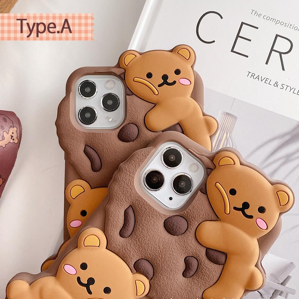 \送料無料/【iPhone シリコンケース クッキーベア】14 Pro Plus max 13 12 11 SE スマホケース カバー 軽量 耐衝撃 背面保護 テディベア クマ かわいい シリコン ソフト 立体的 個性的 原宿 Y2K 首掛けストラップ付