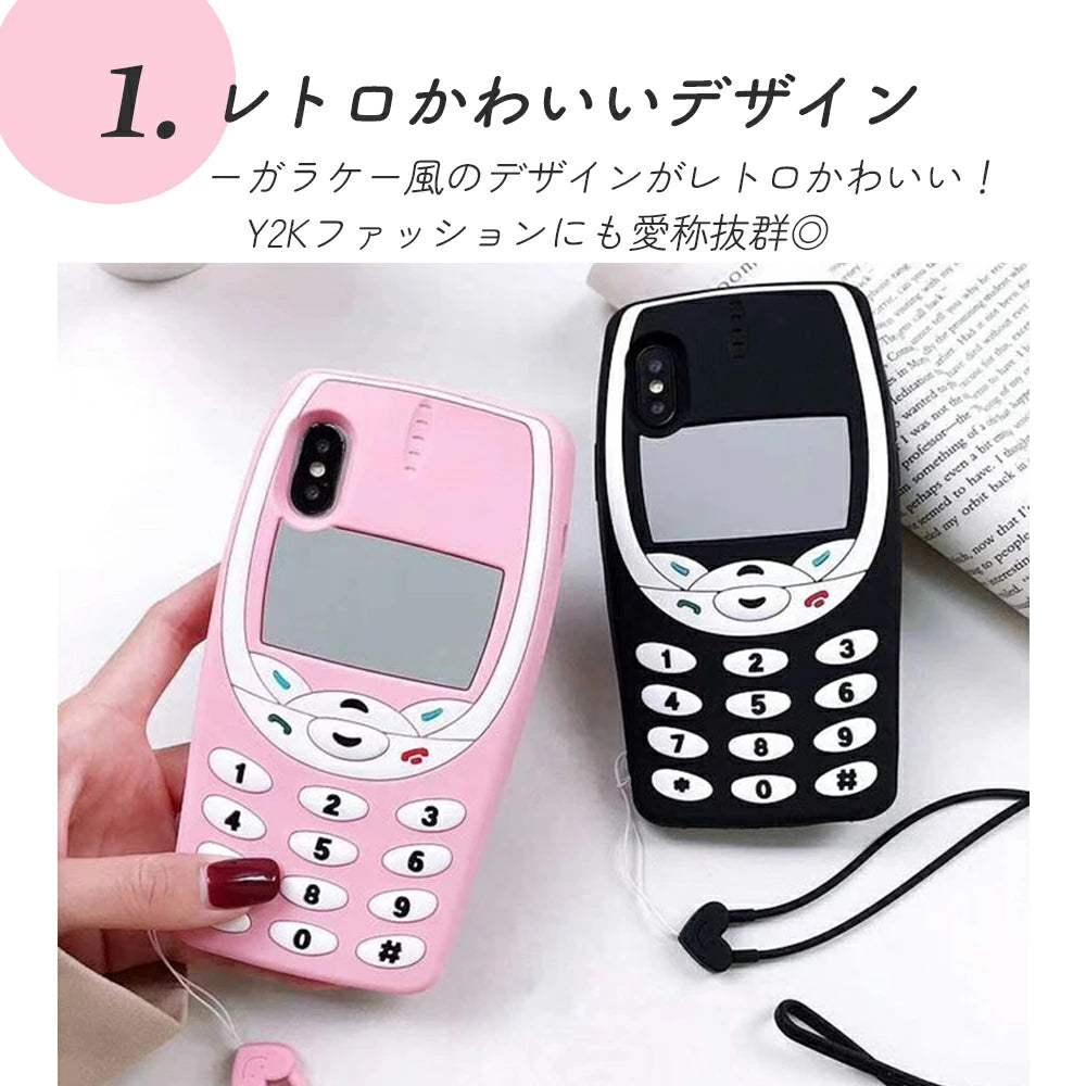 \送料無料/【iPhone Y2K レトロ携帯 シリコンケース 】14 Pro max 13 12 11 SE スマホケース カバー 軽量 耐衝撃 背面保護 立体 ストラップ付 かわいい シリコン ソフト 立体的 個性的 原宿 Y2K アニマル 韓国 ギャル おもしろ 平成