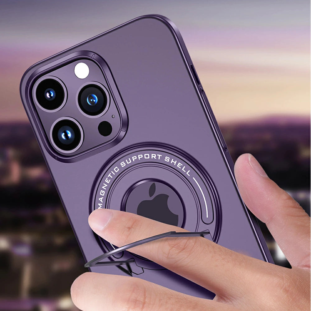 \送料無料/【コンパクトスマホスタンド付き】マグネット付き iPhone メタリック アルミケース 4色 14 Pro Plus max 13 12 11 SE スマホケース カバー おしゃれ かわいい シンプル 韓国 淡色 透明 耐衝撃 カメラレンズ保護