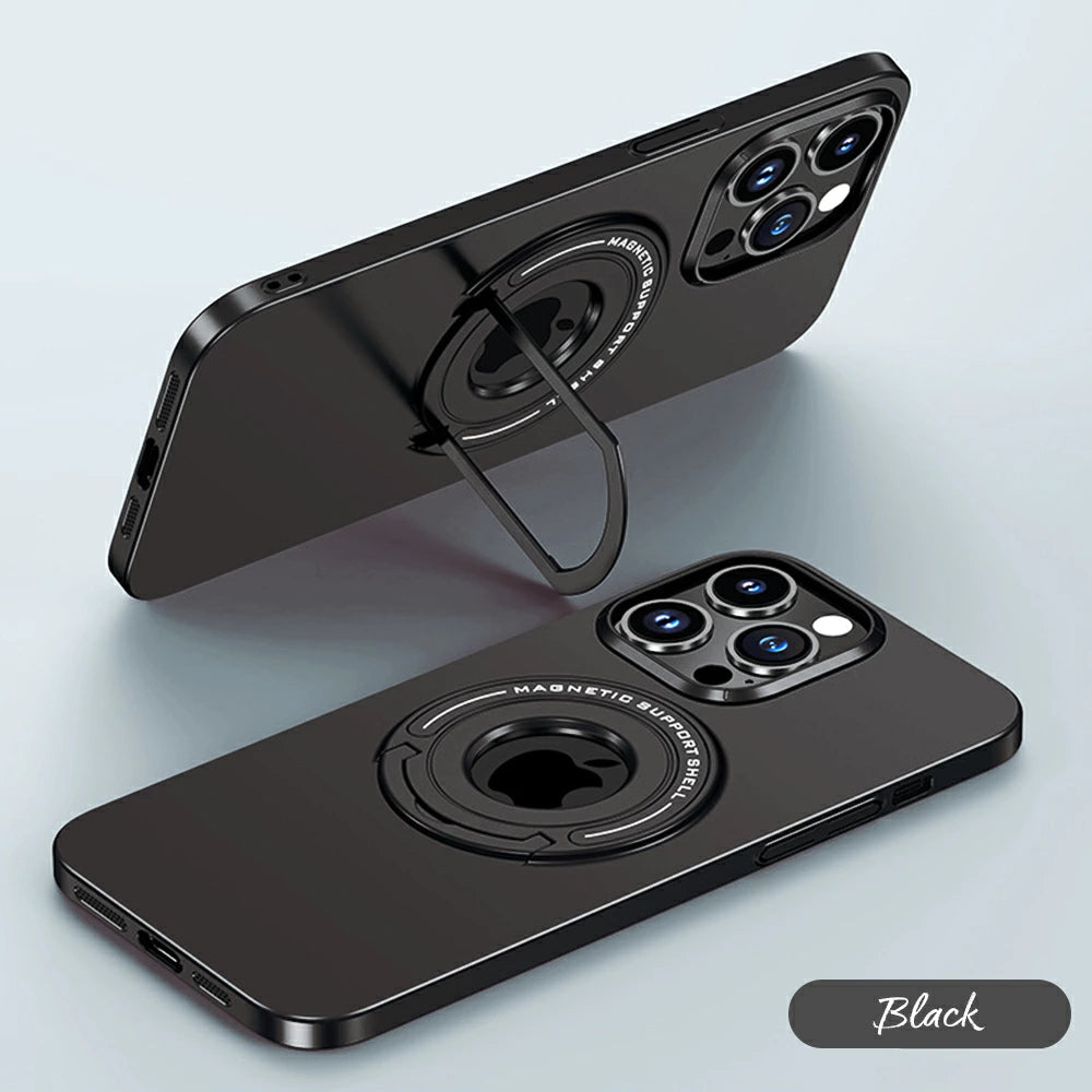 \送料無料/【コンパクトスマホスタンド付き】マグネット付き iPhone メタリック アルミケース 4色 14 Pro Plus max 13 12 11 SE スマホケース カバー おしゃれ かわいい シンプル 韓国 淡色 透明 耐衝撃 カメラレンズ保護