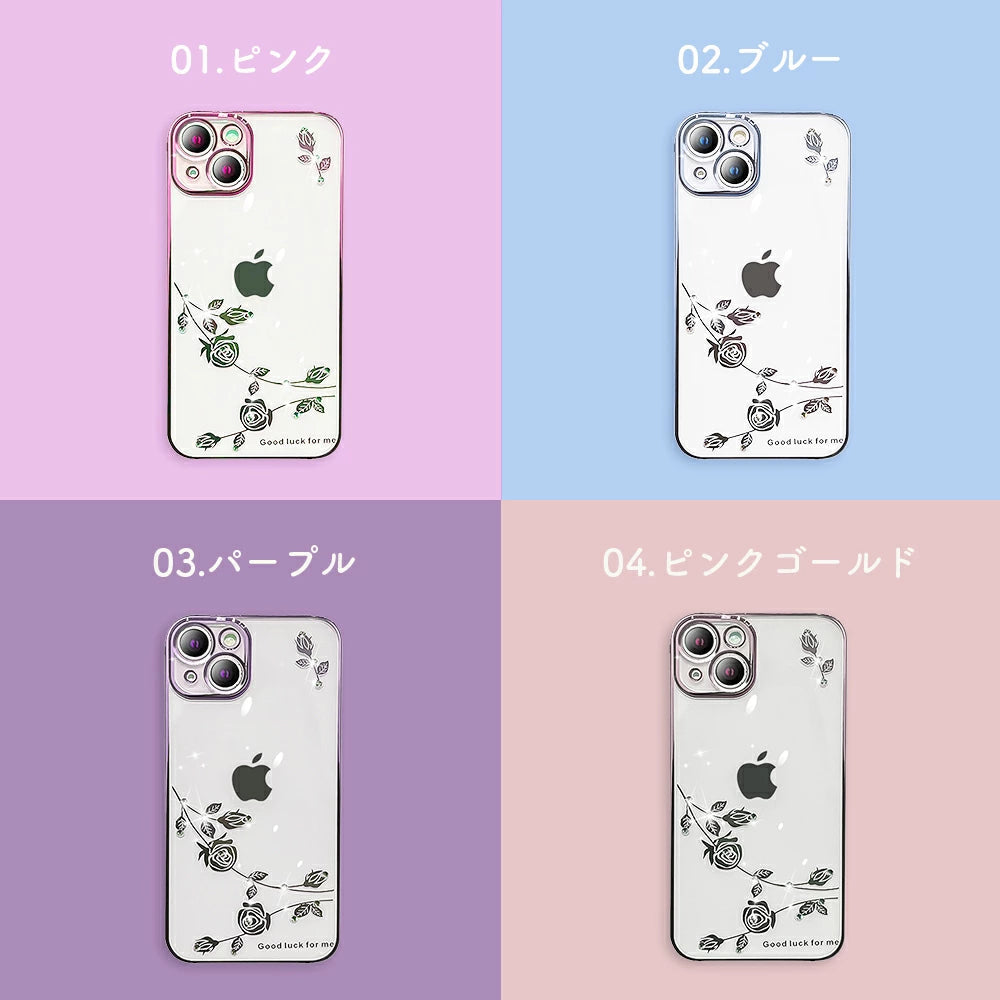 ＼送料無料／【きらきら iPhoneケース】 iPhone フラワークリアケース バラ 花 メタリック 14 Pro Plus max 13 12 11 SE スマホケース カバー おしゃれ かわいい シンプル 韓国 淡色 透明 カメラレンズ保護  女性 ピンク ピンクゴールド