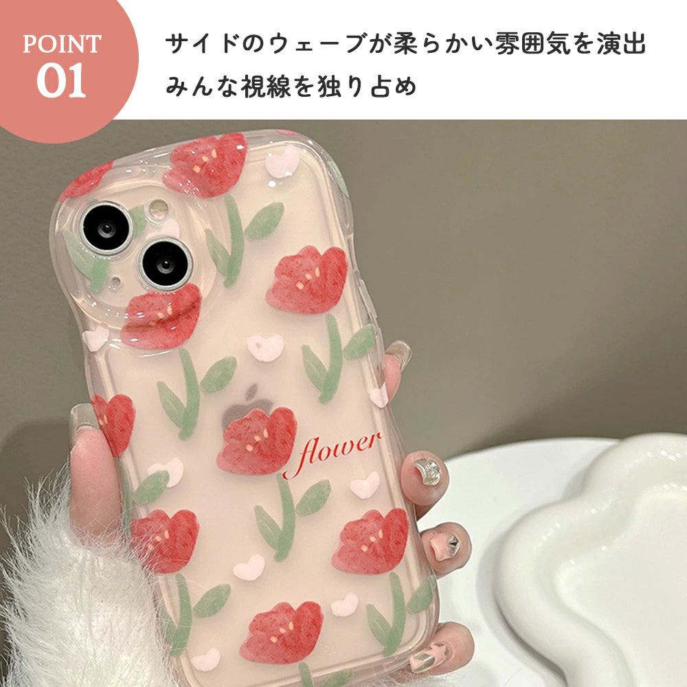 ＼送料無料／【 iPhoneケース なみなみ チューリップ】韓国 ハート 花柄 チューリップ柄 アイフォン クリアケース 14 Pro Plus max 13 12 11 SE スマホケース カバー おしゃれ かわいい シンプル 韓国 淡色 透明 なみなみ ウェーブ