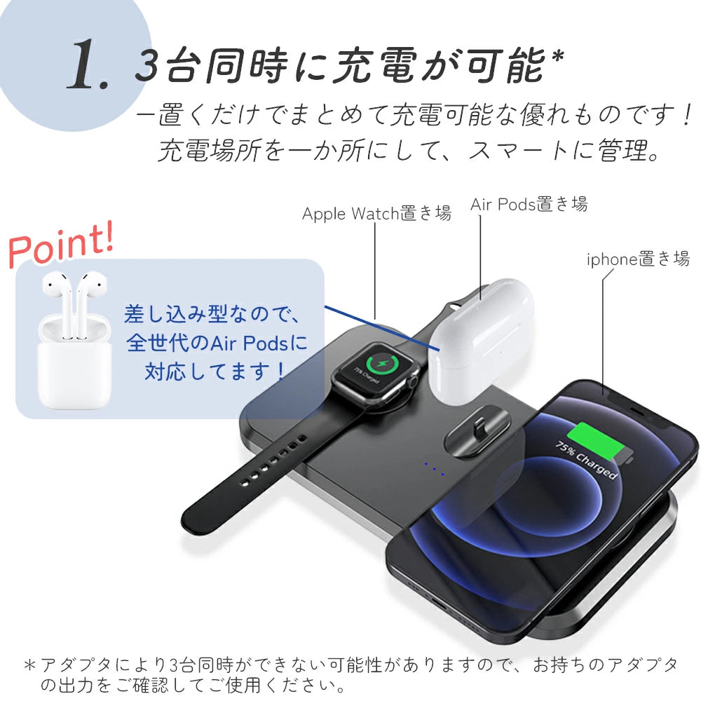 【送料無料 3in1ワイヤレス充電 】おしゃれ 可愛い スマホスタンド 充電スタンド 無線充電 iPhone airpods applewatch アイフォン 15w コンパクト収納 省スペース typeC 急速充電 簡単充電 同時充電 置くだけ